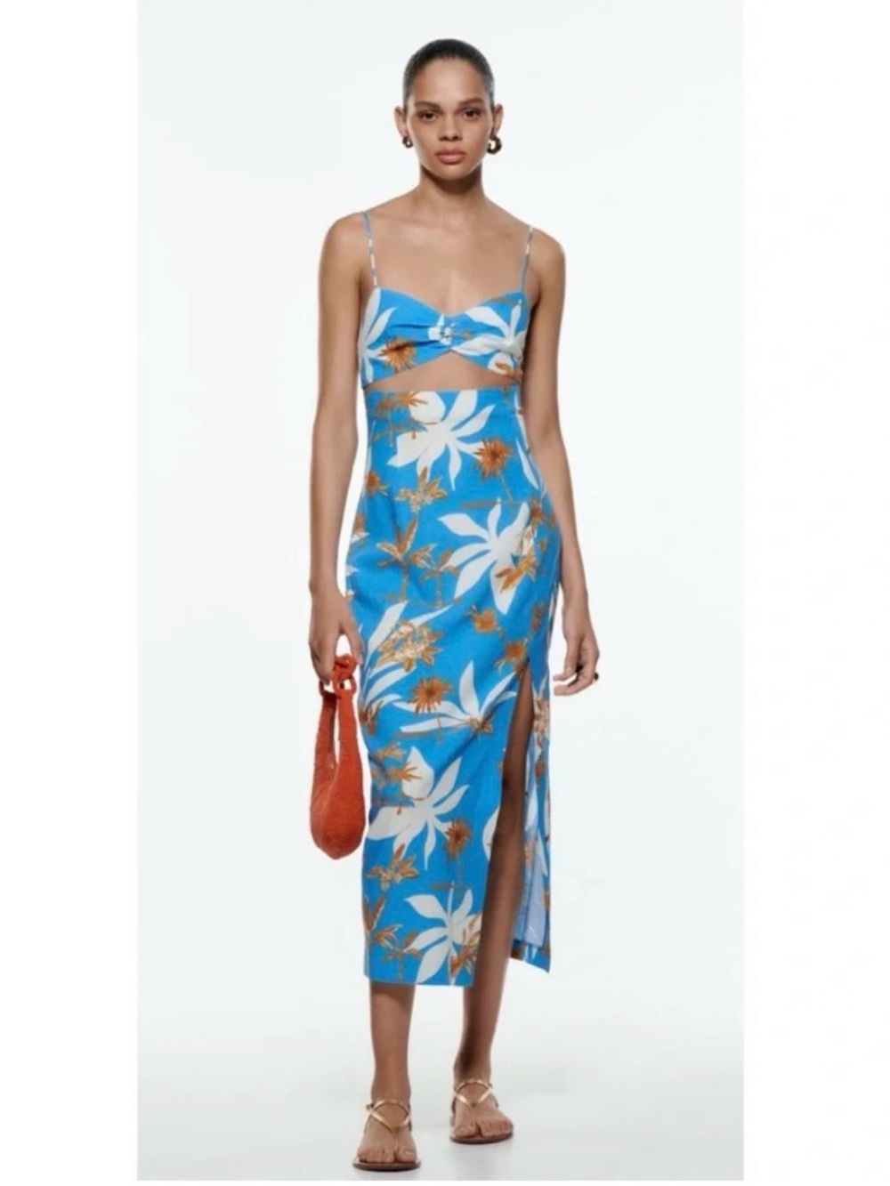 Zara Blue Linen-Blend Tropical Cut Out Midi Dress